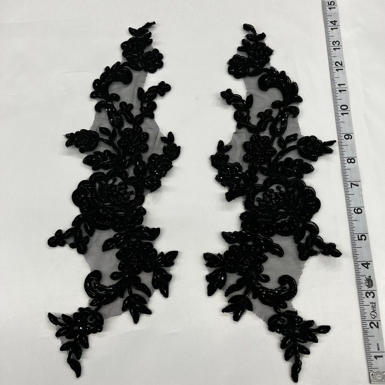 1 Pair Beaded & Corded Floral Lace Applique Embroidered on 100% Polyester Net Mesh 15" X 3.5" Each Side
